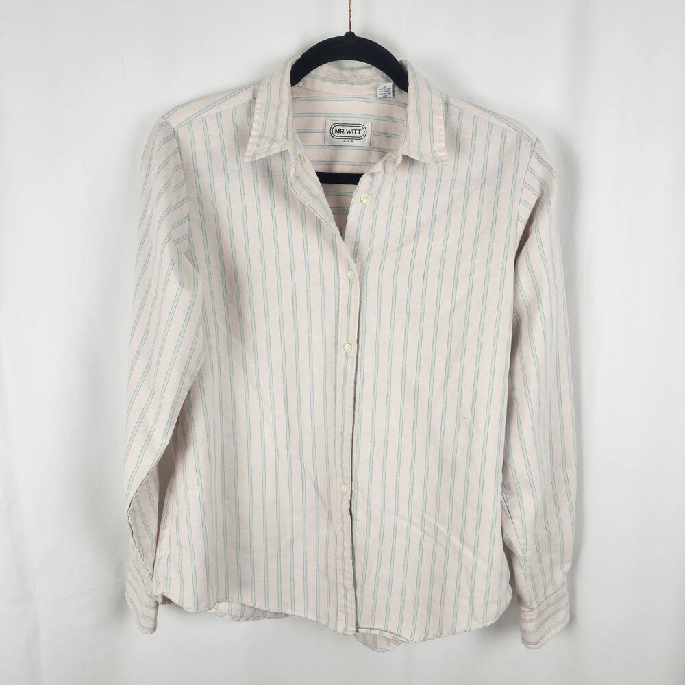 Vintage 1970s Mr WITT USA Pink Blue Striped Permanent Press Button Shirt 10